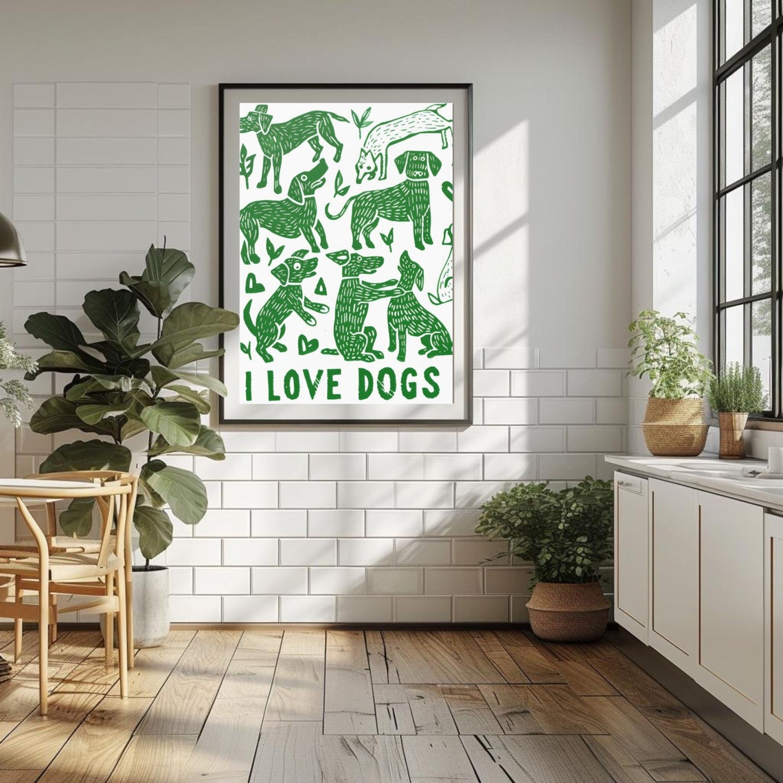 I Love Dogs Green Doodle Pups Cute Funny Dog Lover Art Poster
