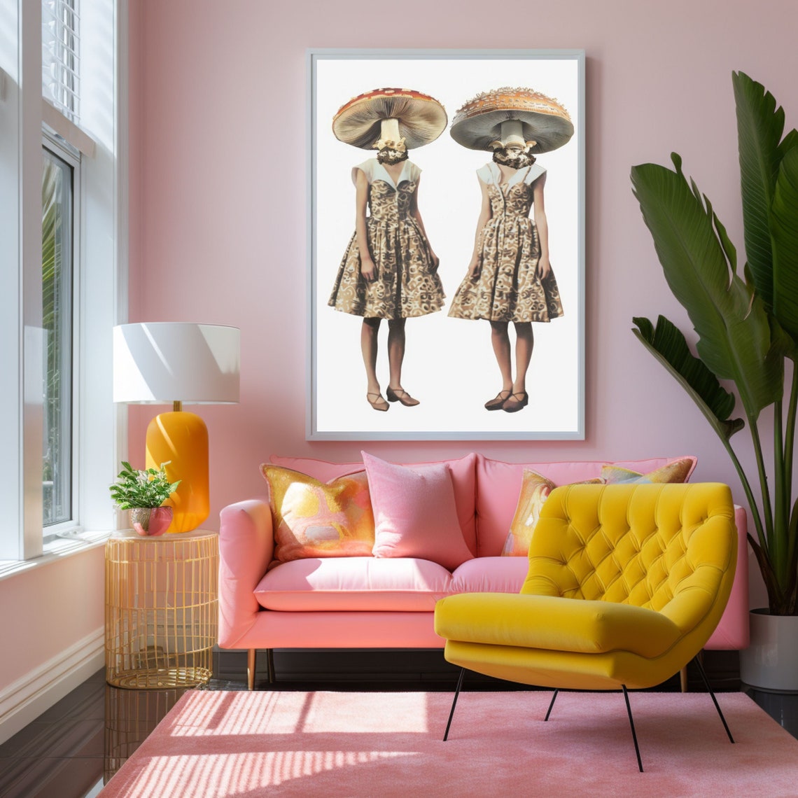 Twin Women With Mushroom Caps Retro Surrealism Collage Poster