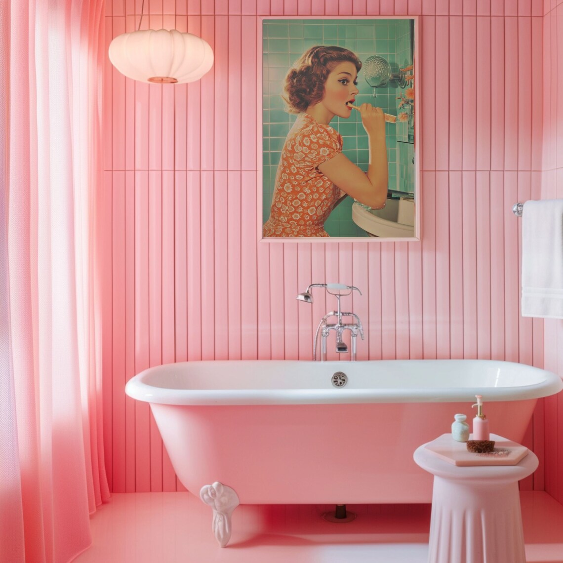 Girl Brushing Teeth Retro Bathroom Wall Art Print
