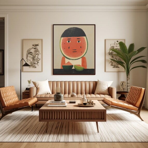 Watermelon Guy Oil Painting Print Poster Funny Watermelon Wall Art
