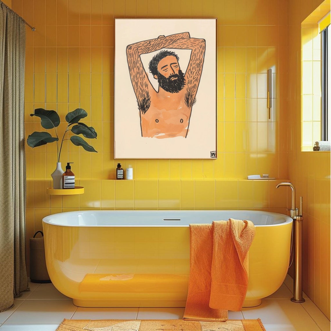 Funny Hairy Bearded Man Stretching Quirky Bathroom Humor Art Poster