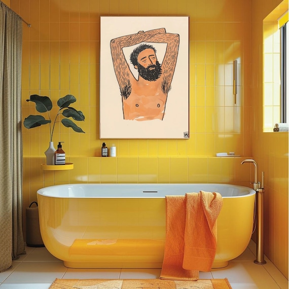Hairy Man Watercolor Wall Art Hairy Armpits Funny Illustration Bathroom Wall Art Funny Bearded Gun Print