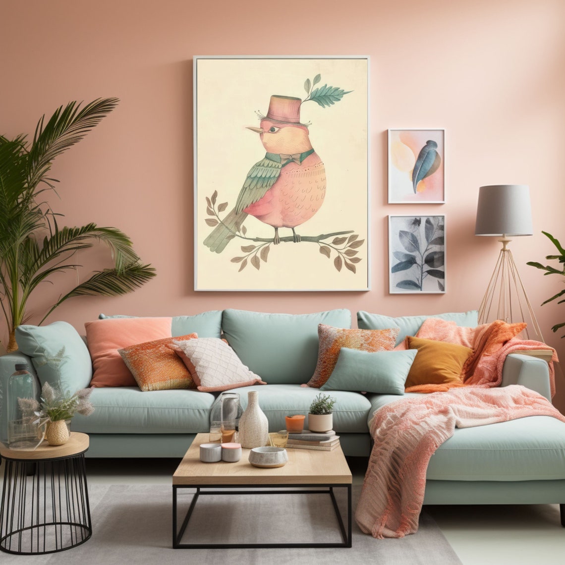 Whimsical Bird Wearing a Top Hat on a Branch Illustration Poster
