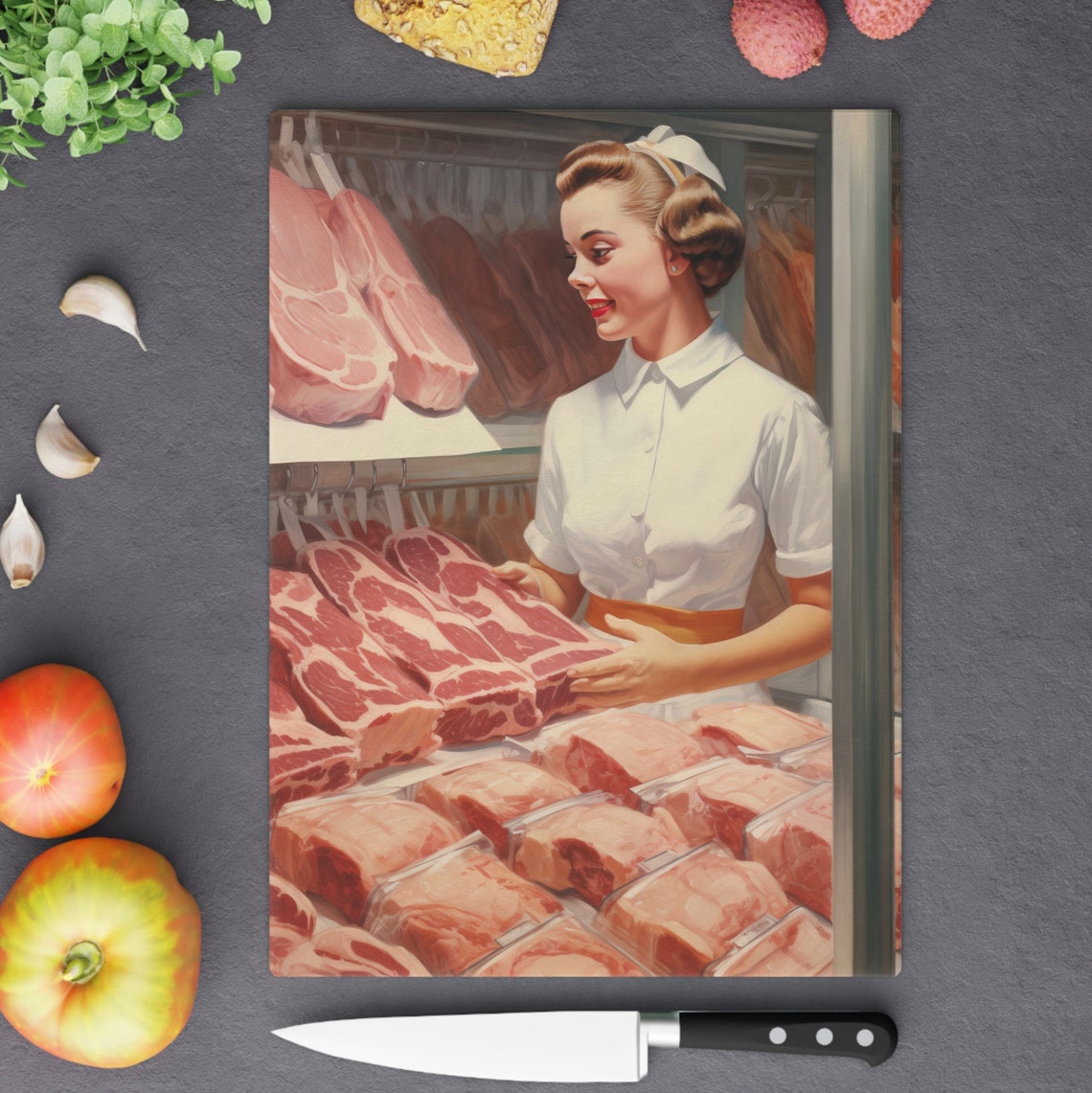 Retro 1950s Butcher Girl Choosing Steak Vintage Style Art Poster