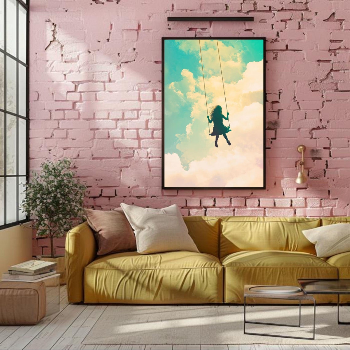 Girl On A Swing High Up In The Cloudy Dreamy Summer Sky Art Poster