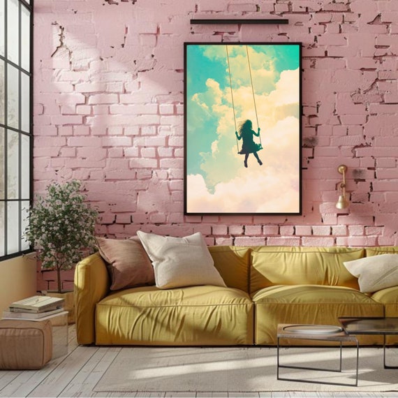 Heavenly Swing Wall Art Girl In The Sky Poster Heaven Print Swing In The Sky Wall Art Swing In Clouds Poster