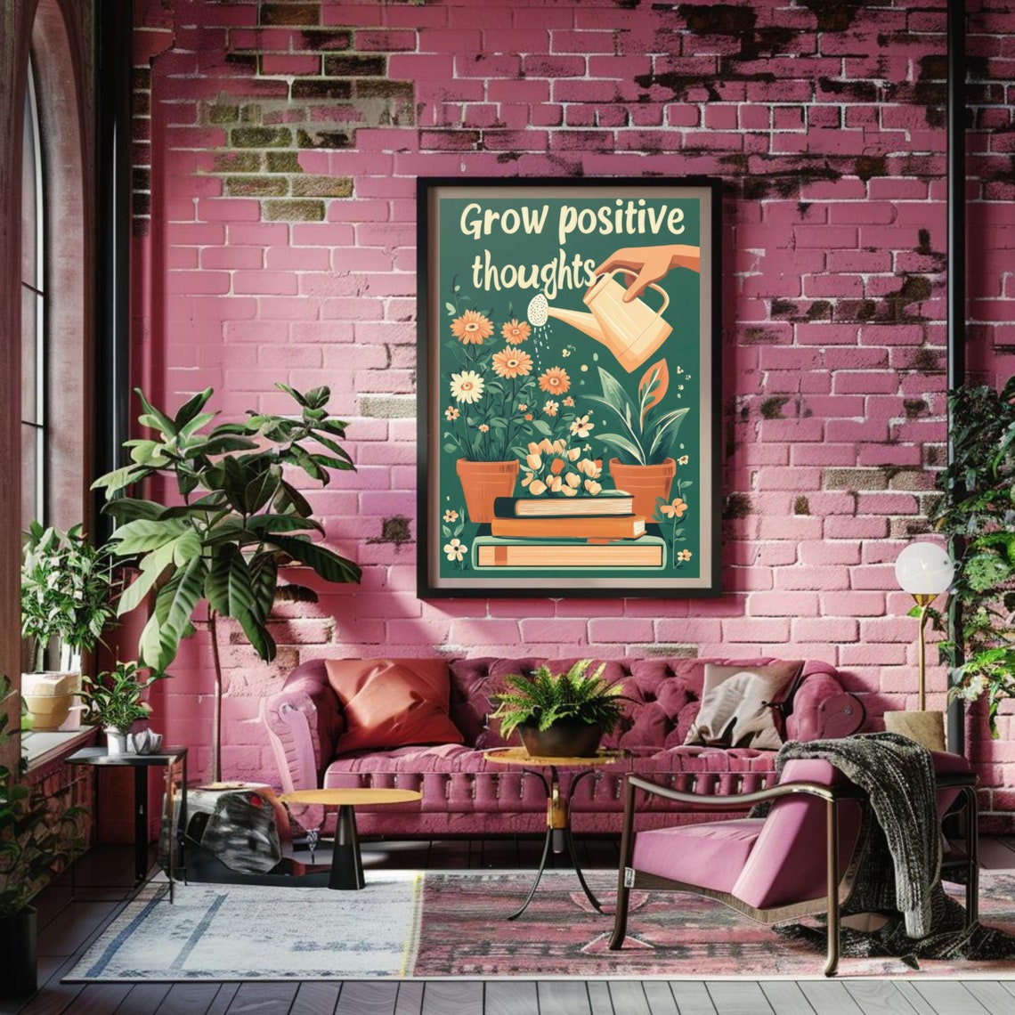 Grow Positive Thoughts Watering Can With Flowers Quote Poster