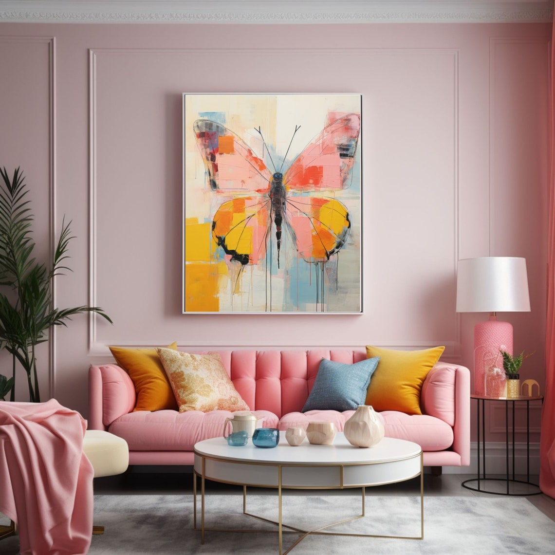 Pink And Yellow Butterfly Wall Art Oil Painting Print Poster