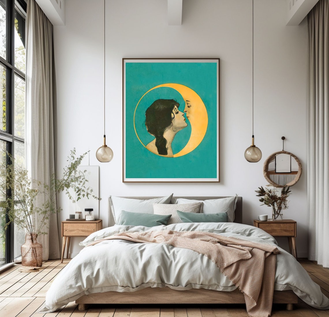 Vintage Art Nouveau Woman Kissing Crescent Moon Face Art Poster