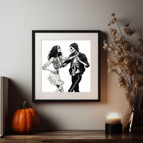 Dancing Skeleton Couple Hipster Line Art Halloween Wall Poster