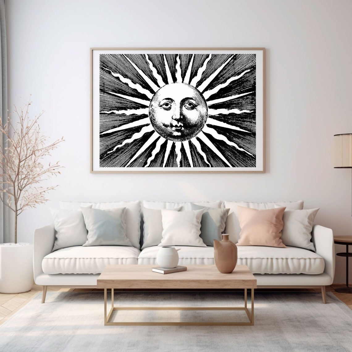 Antique Retro Celestial Sun Engraving Black and White Art Poster