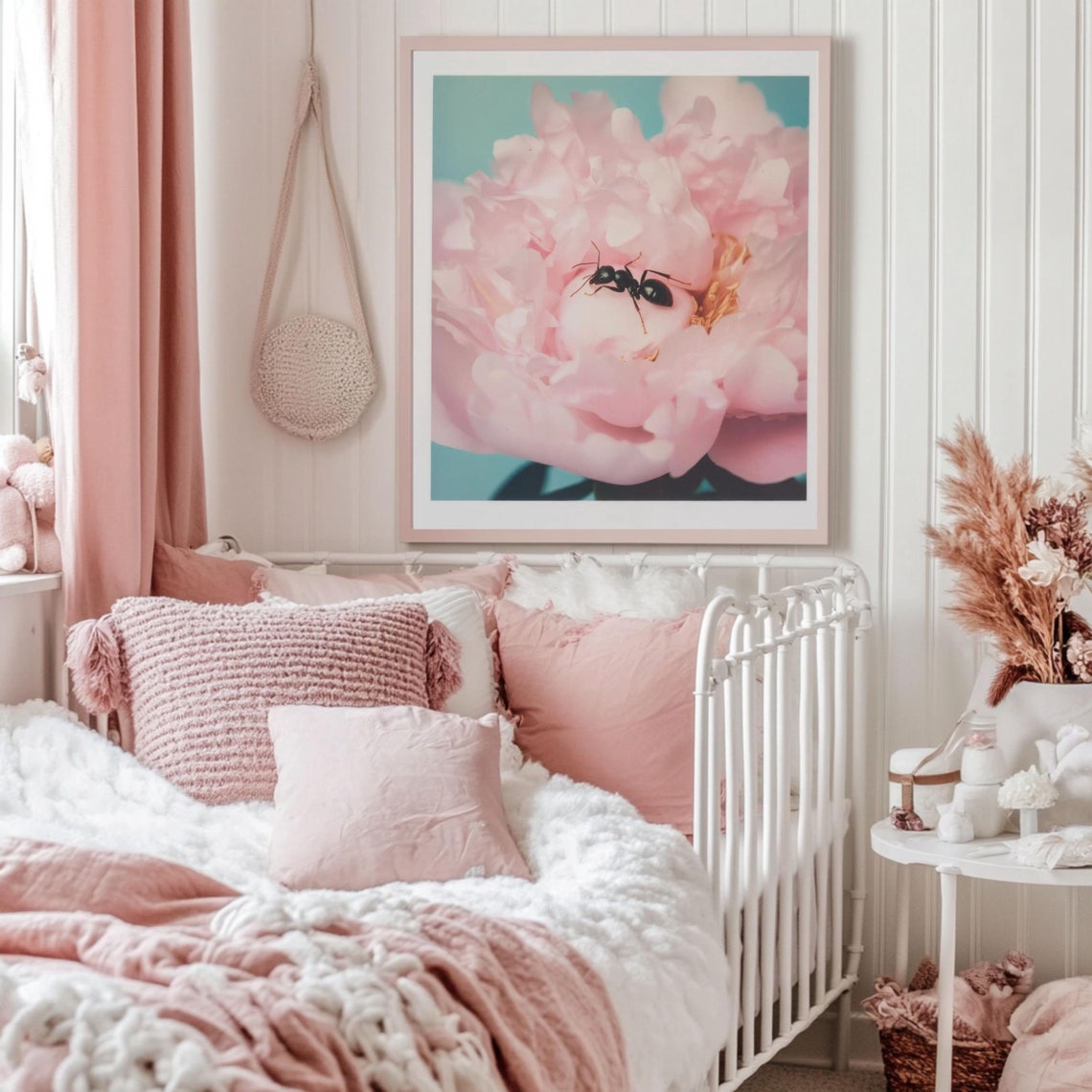Tiny Ant on a Pink Peony Macro Flower Photography Art Poster