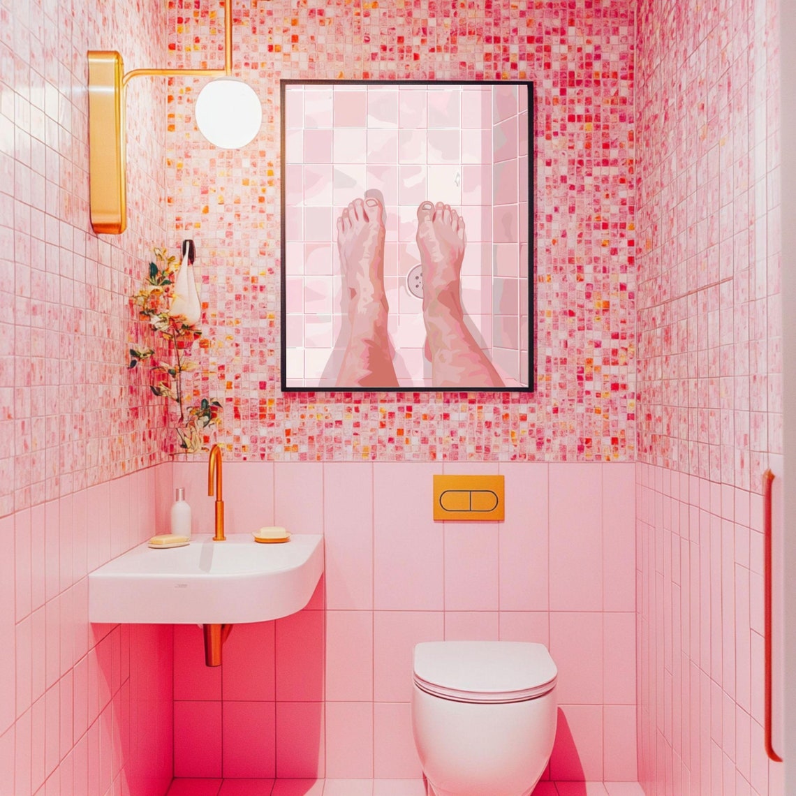 Pink Bare Feet on Shower Tiles Quirky Funny Bathroom Poster Art