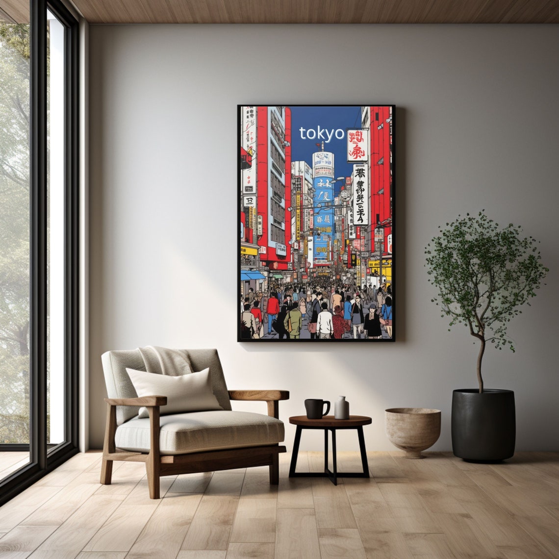 Busy Tokyo Japan Neon Night Street Crowd Scene Travel Art Poster