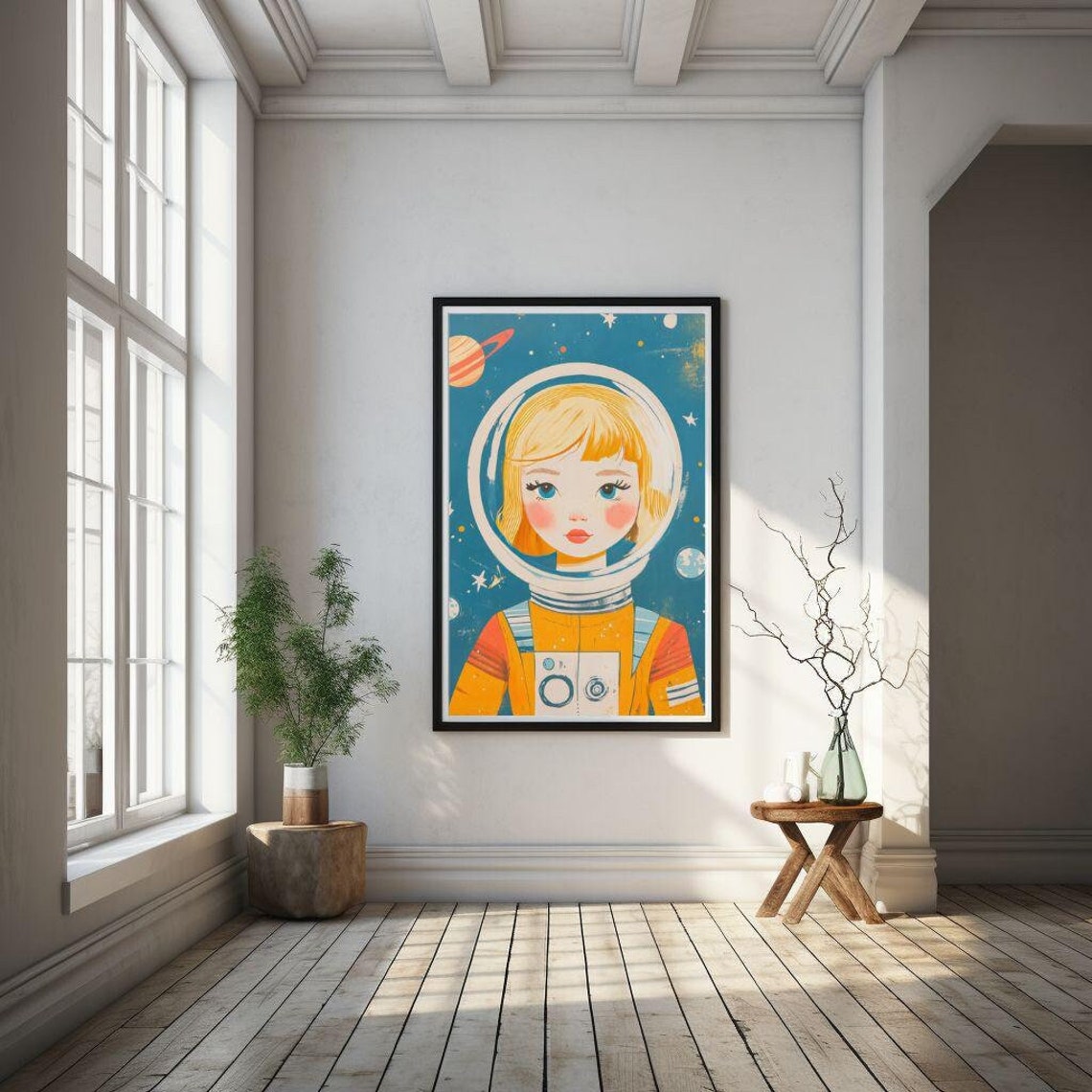 Retro Space Girl Astronaut Vintage Starry Night Sky Art Poster
