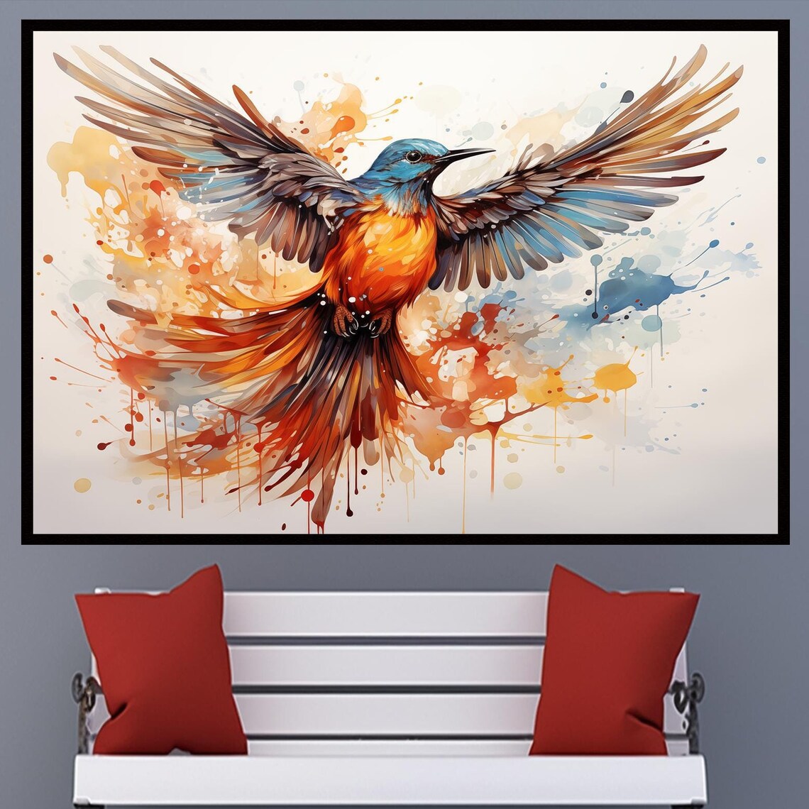 Watercolor Songbird in Flight Splash Colorful Wild Bird Wall Art