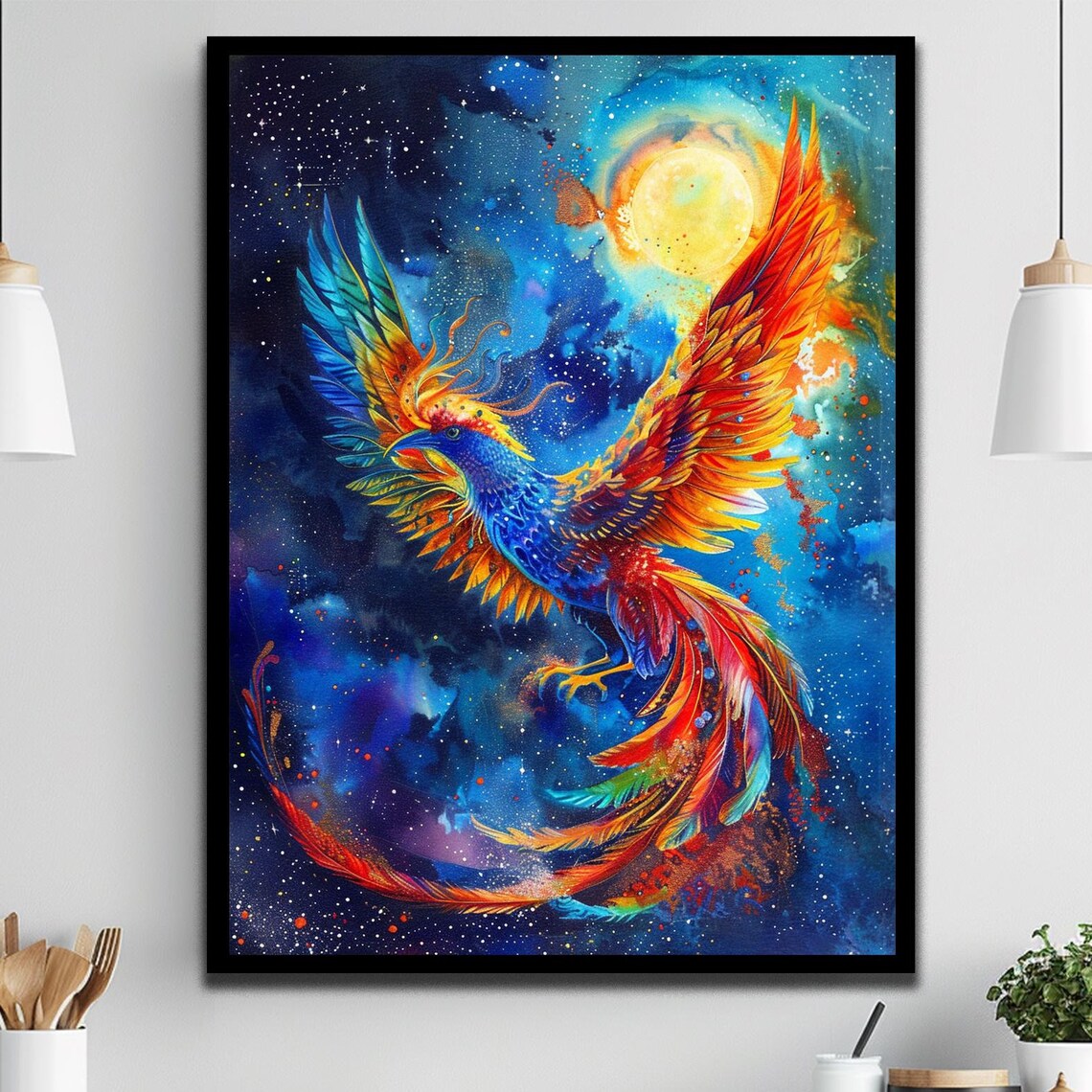 Phoenix Rising Starry Night Sky Mythical Fire Bird Rebirth Wall Art