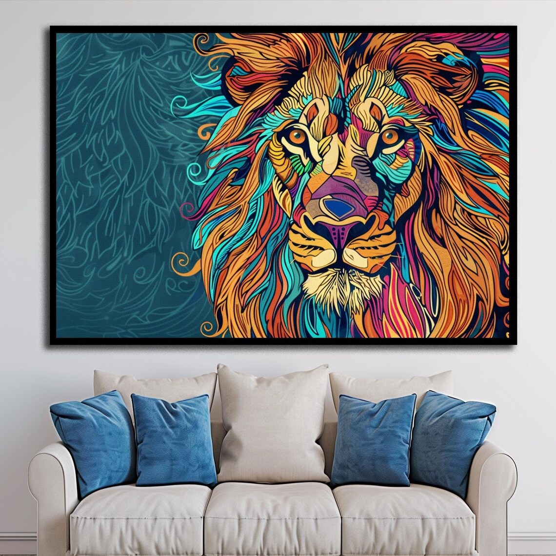 Colorful Pop Art Lion Face Teal Orange Abstract Animal Poster