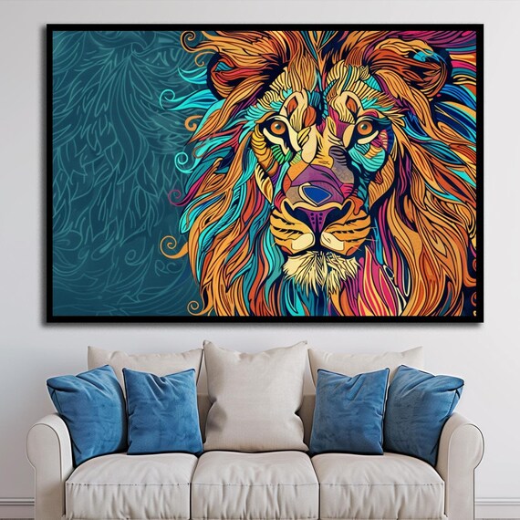 Colorful Pop Art Lion Face Teal Orange Abstract Animal Poster
