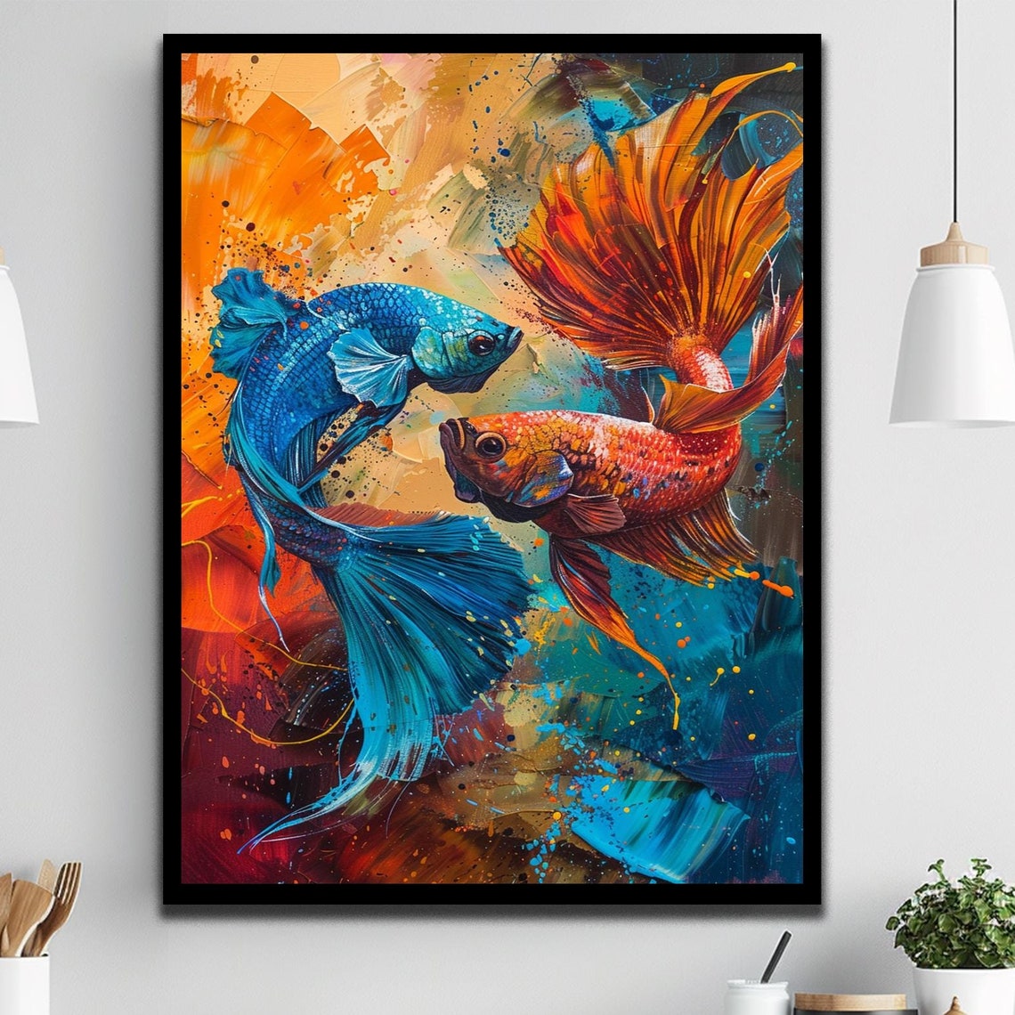 Blue Orange Betta Fish Yin Yang Swirl Painted Tropical Aquarium Poster