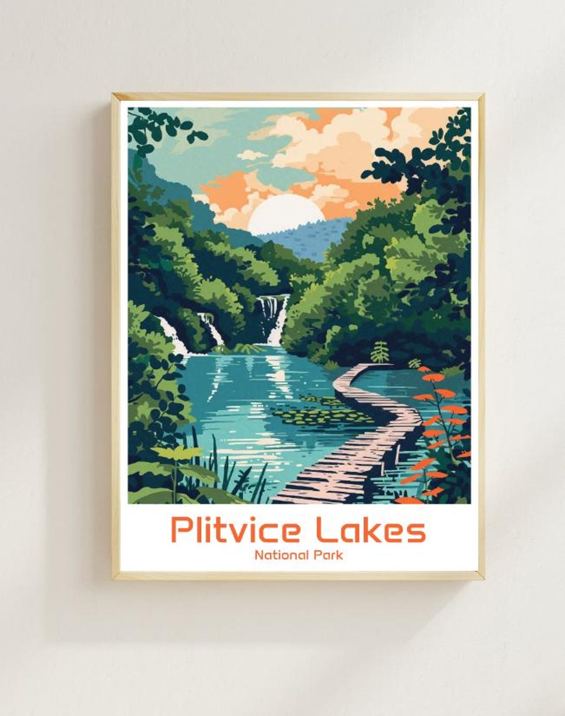 Plitvice Lakes Croatia Waterfall Boardwalk Retro Travel Poster