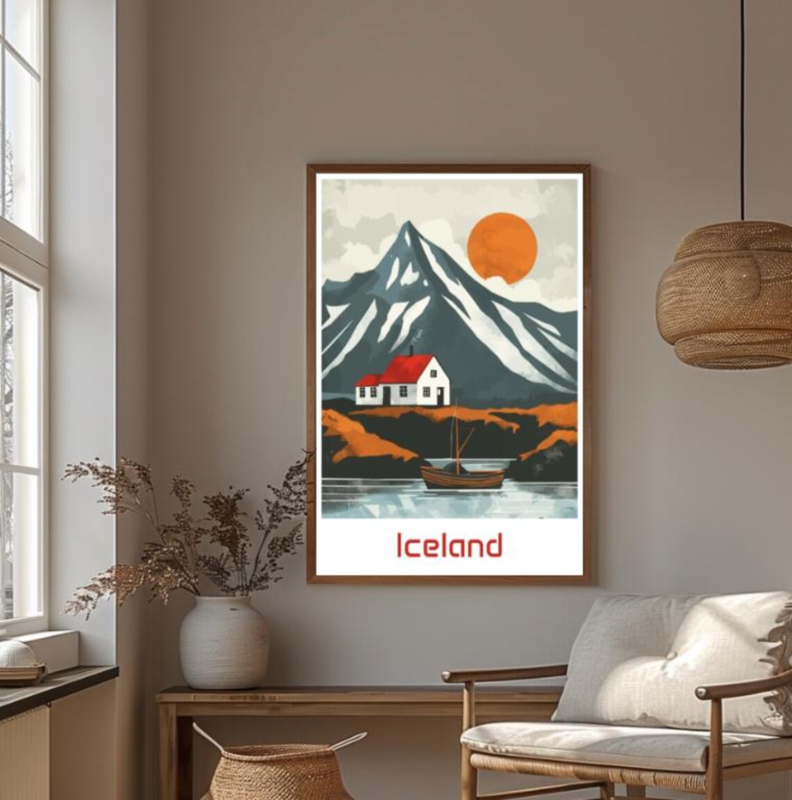 Iceland Red Cottage Mountain Fjord Sunset Vintage Travel Poster - Image 4