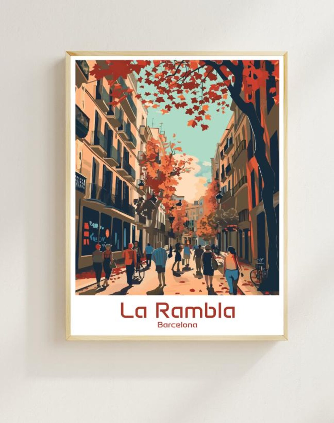 La Rambla Barcelona Autumn Street Scene Vintage Travel Poster