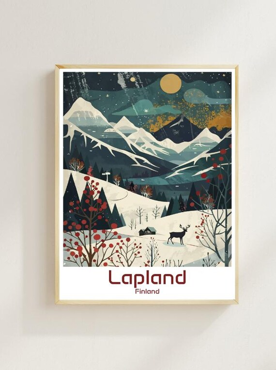 Lapland Finland Winter Night Reindeer Under Starry Snowy Peaks Poster