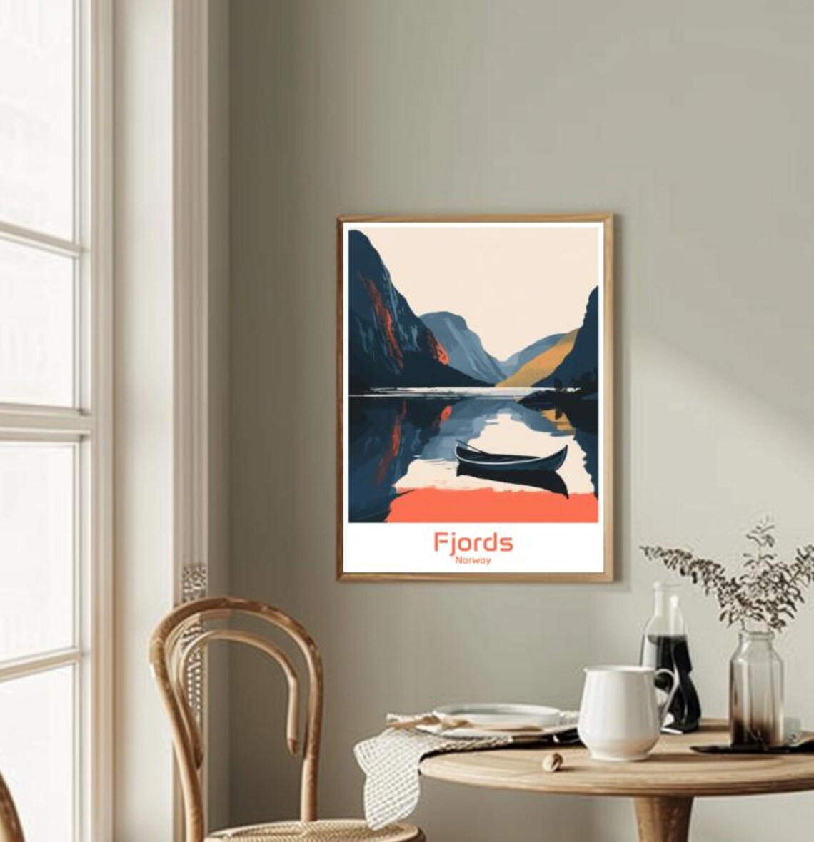 Norwegian Fjords Rowboat Still Water Mountain Reflection Poster - Image 2
