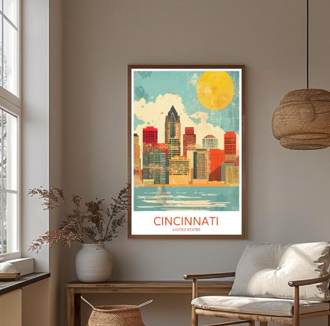 Retro Cincinnati Ohio Skyline Poster With Bold Sun Over City Buildings - Image 3