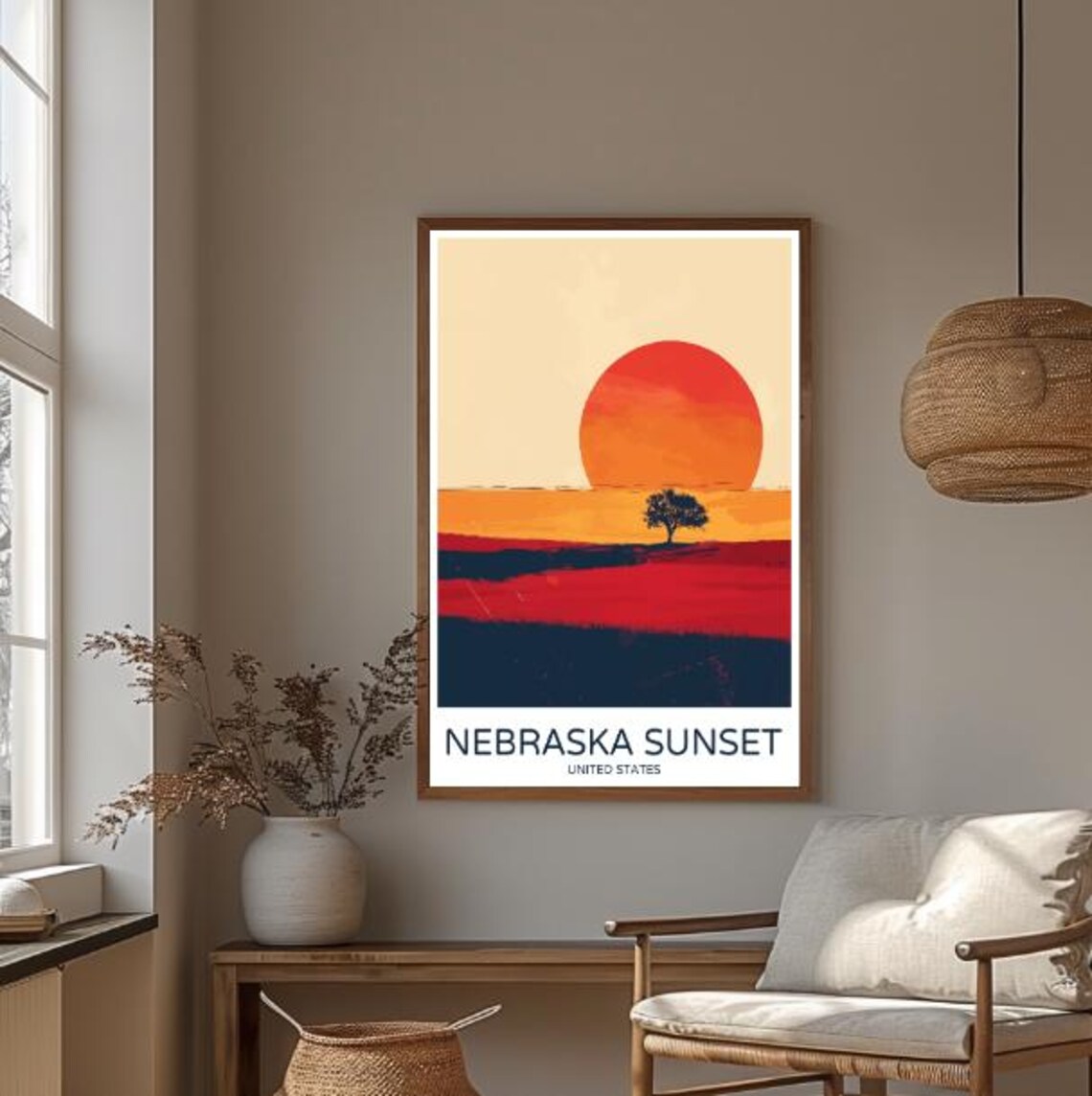 Big Red Nebraska Sunset Prairie Lone Tree Horizon Travel Poster - Image 3