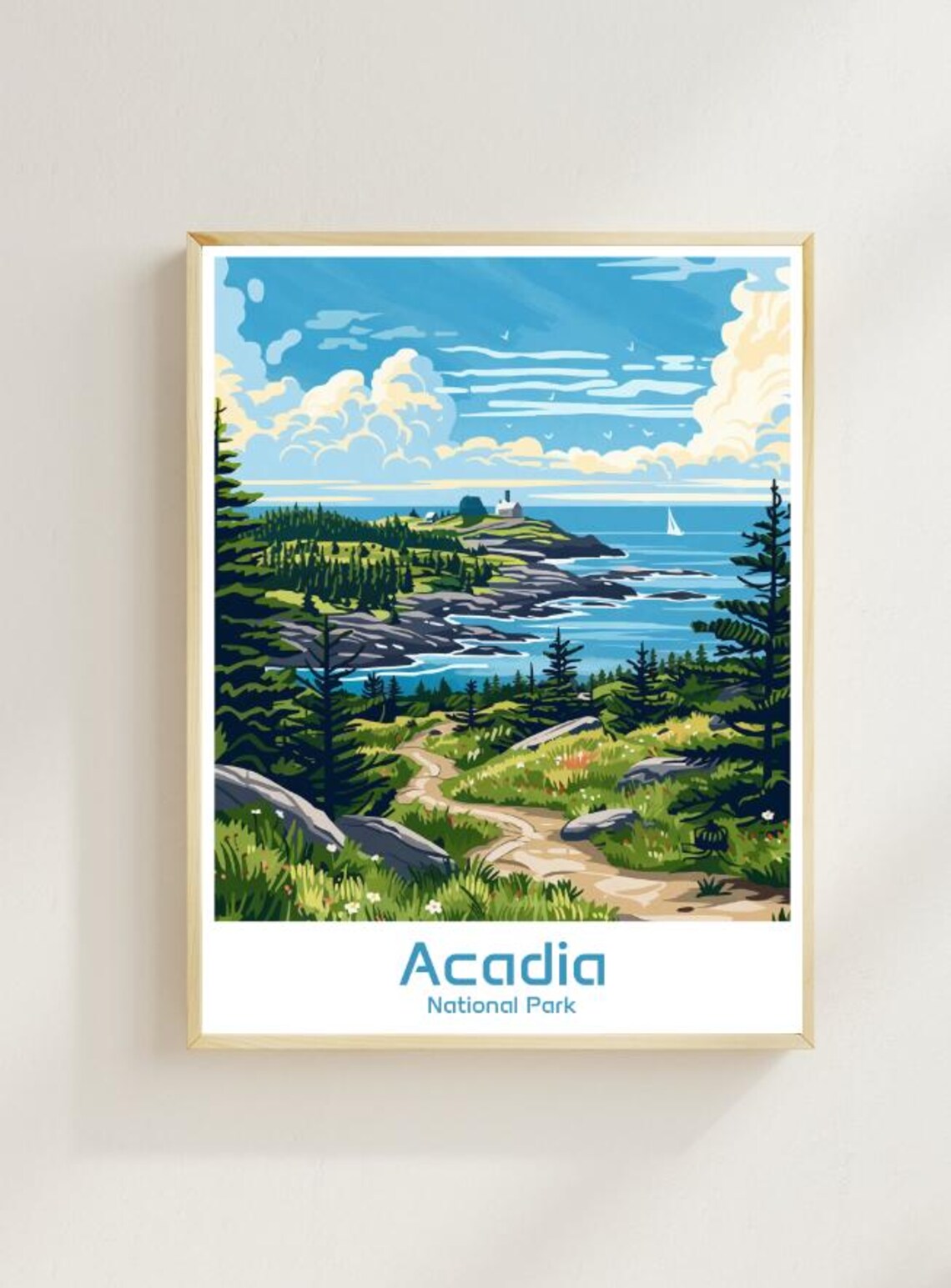 Acadia National Park Maine Coastal Trail Lighthouse Travel Poster
