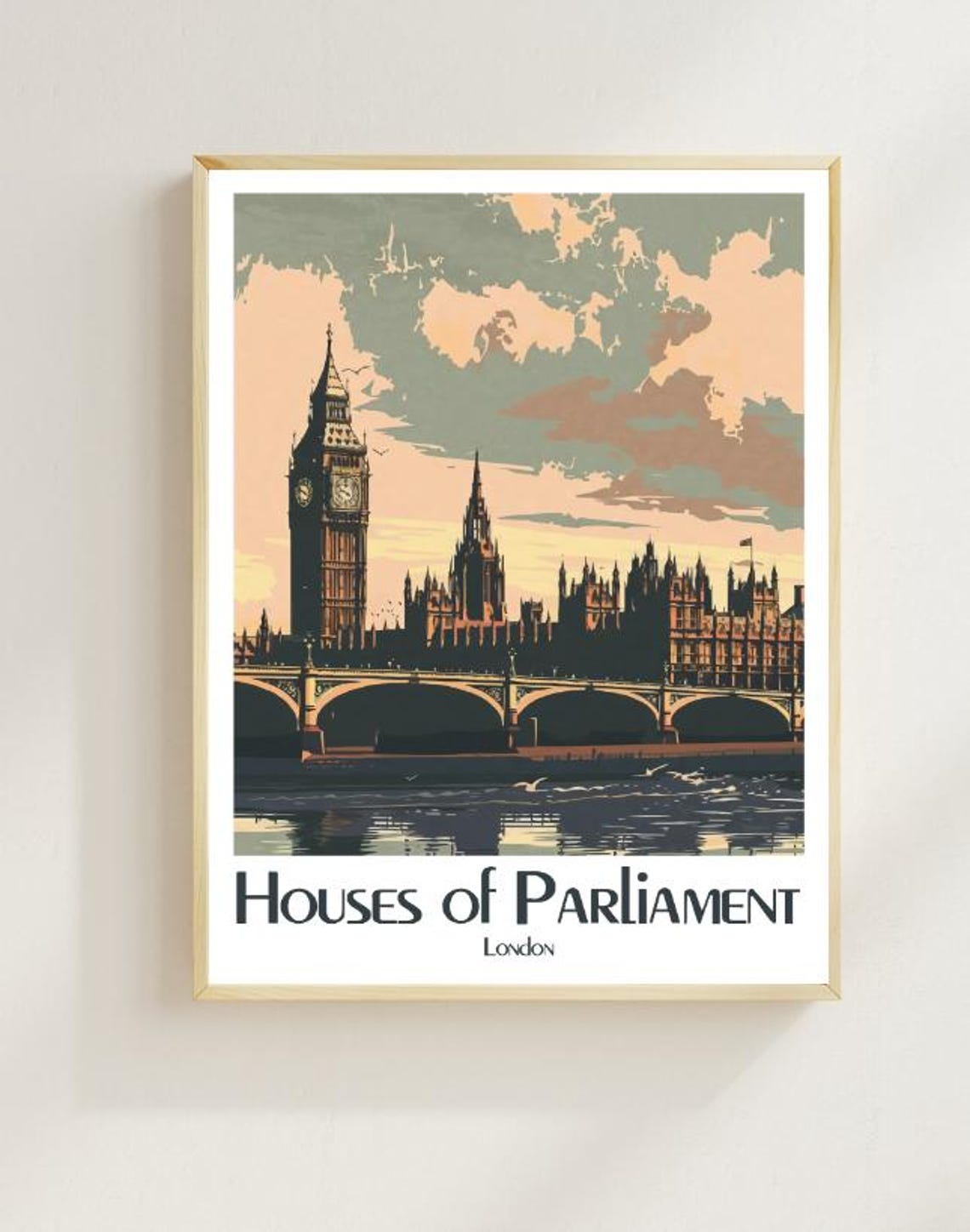 Houses Of Parliament London Travel Poster Iconic Landmark Wall Art Vintage Big Ben Print Thames River Decor Uk Travel Gift