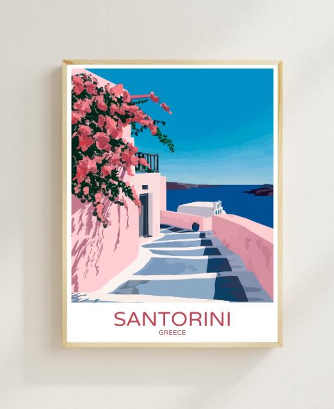 Santorini Greece Pink Bougainvillea Steps Aegean Travel Poster