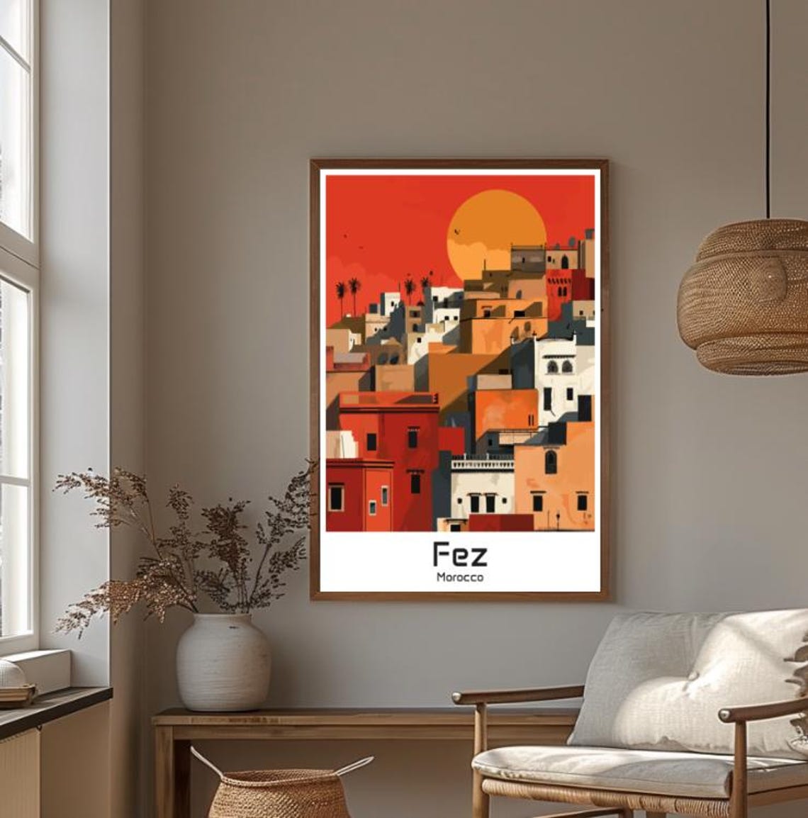 Ancient Fez Morocco Medina Rooftops Warm Sunset Retro Travel Poster - Image 4