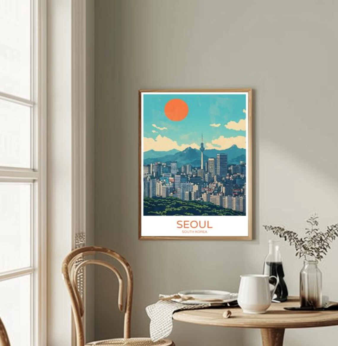 Retro Seoul City Skyline With Tower Under Orange Sun Travel Poster - Image 2