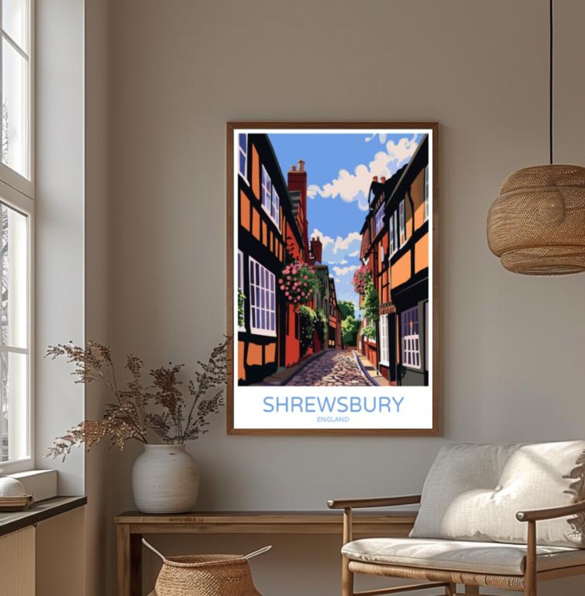 Shrewsbury England Historic Cobbled Street Tudor Travel Poster - Image 4