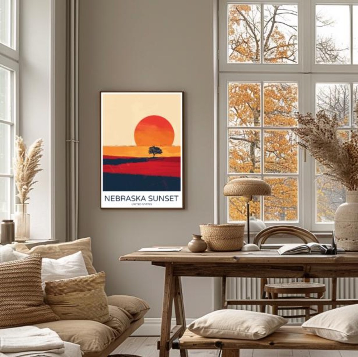 Big Red Nebraska Sunset Prairie Lone Tree Horizon Travel Poster - Image 4