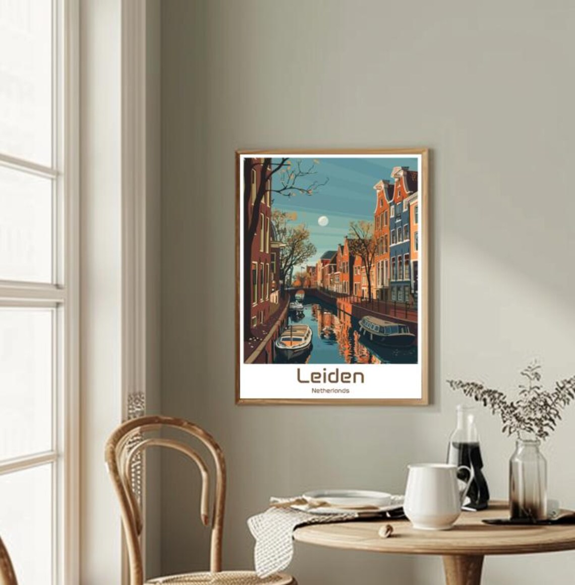 Leiden Netherlands Moonlit Canal Gabled Houses Travel Poster - Image 2