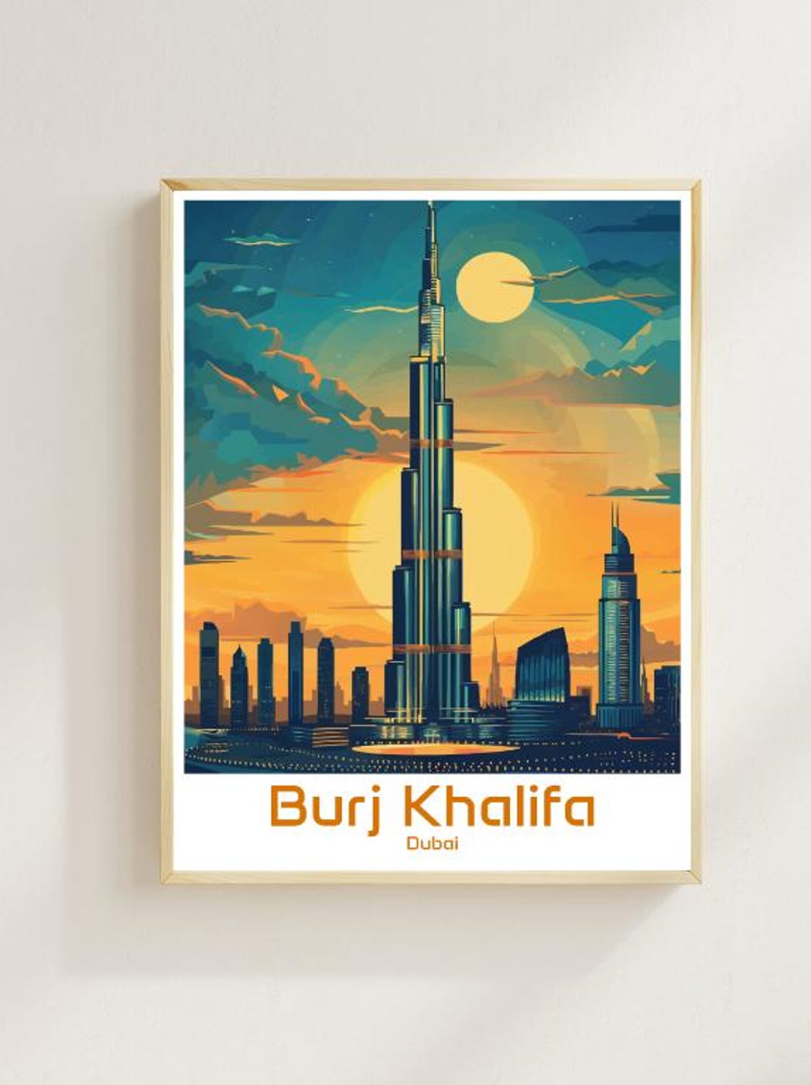 Burj Khalifa Dubai Sunset Moon Skyline Skyscraper View Poster