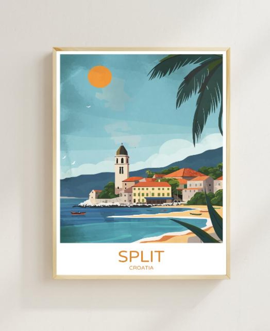 Split Croatia Travel Poster Adriatic Coastal Town Beach Palm View