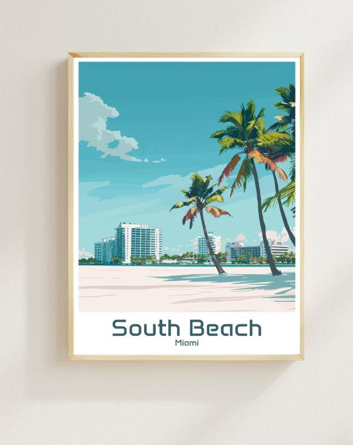 South Beach Miami Palm Trees Oceanfront Vintage Travel Poster