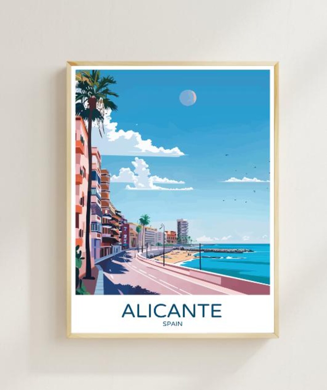 Alicante Spain Sunny Seafront Promenade Palms Beach Scene Poster