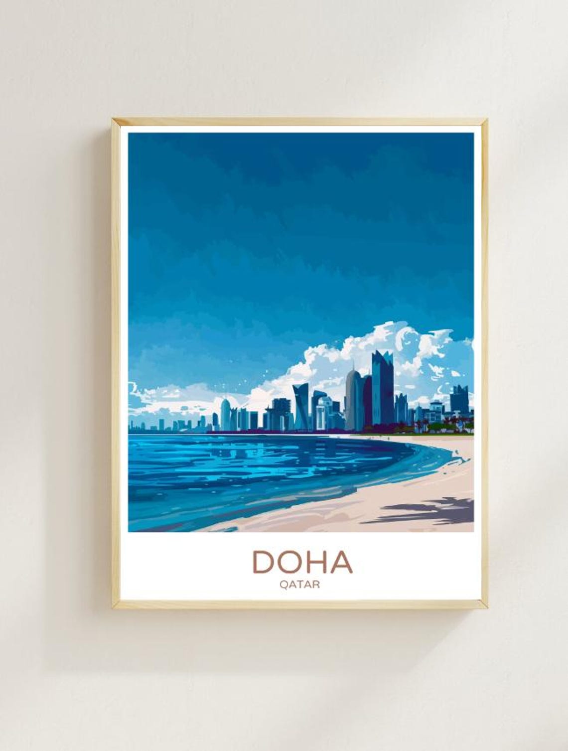 Doha Qatar Skyline Over Blue Waterfront Beach Cityscape Poster