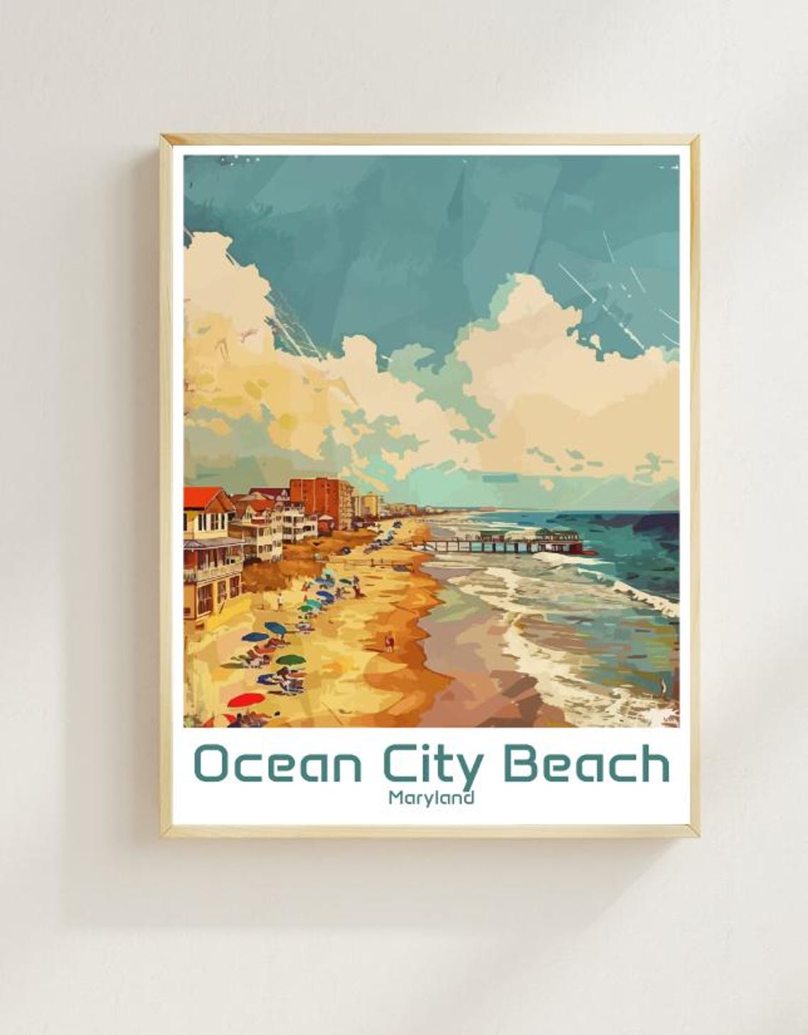Ocean City Beach Maryland Vintage Beachfront Illustration Poster