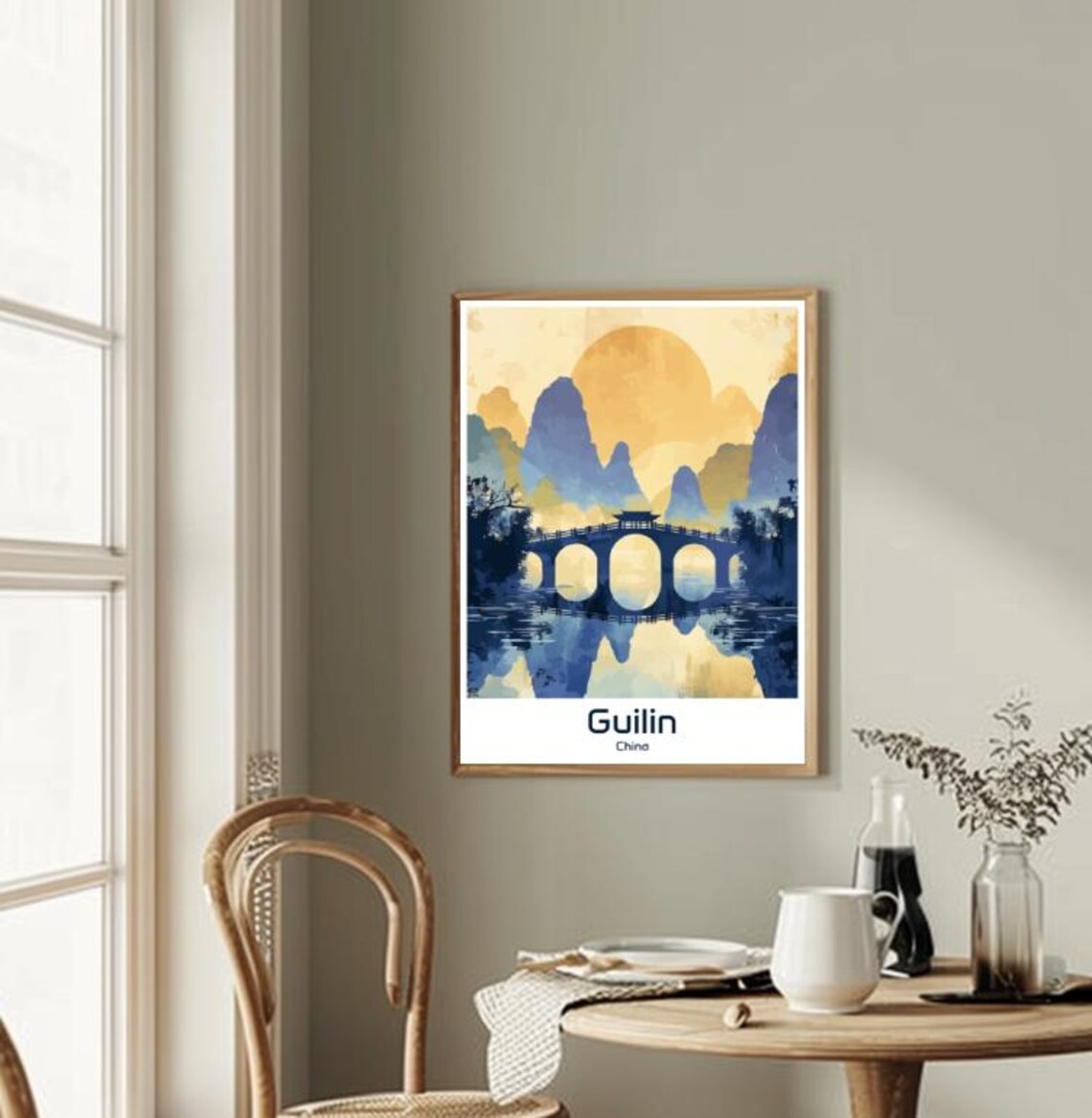 Guilin China Karst Mountains At Sunset Reflection Vintage Poster - Image 2