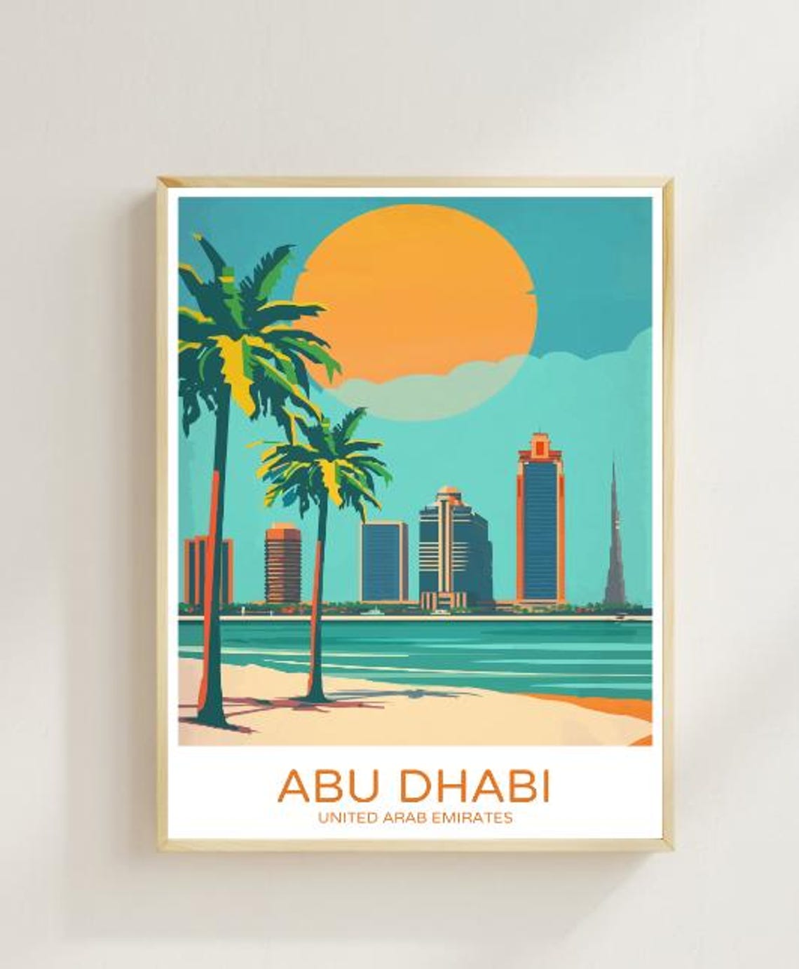 Abu Dhabi UAE Palm Beach Sunset Skyline Vintage Travel Poster