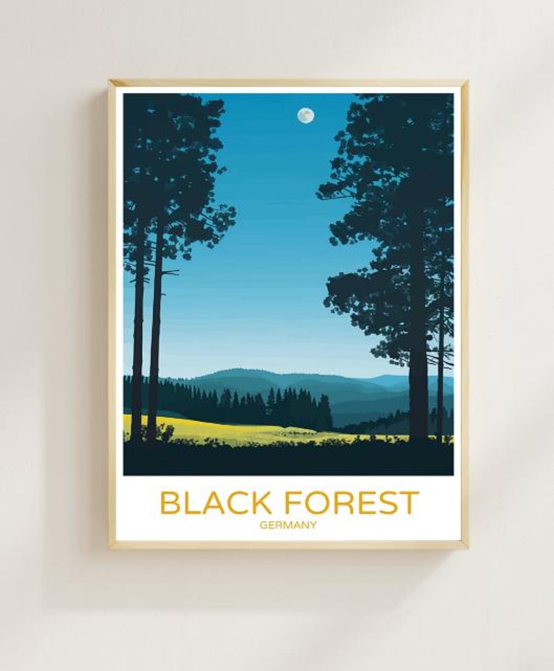 Black Forest Germany Travel Poster Pine Trees Moonlit Hills View