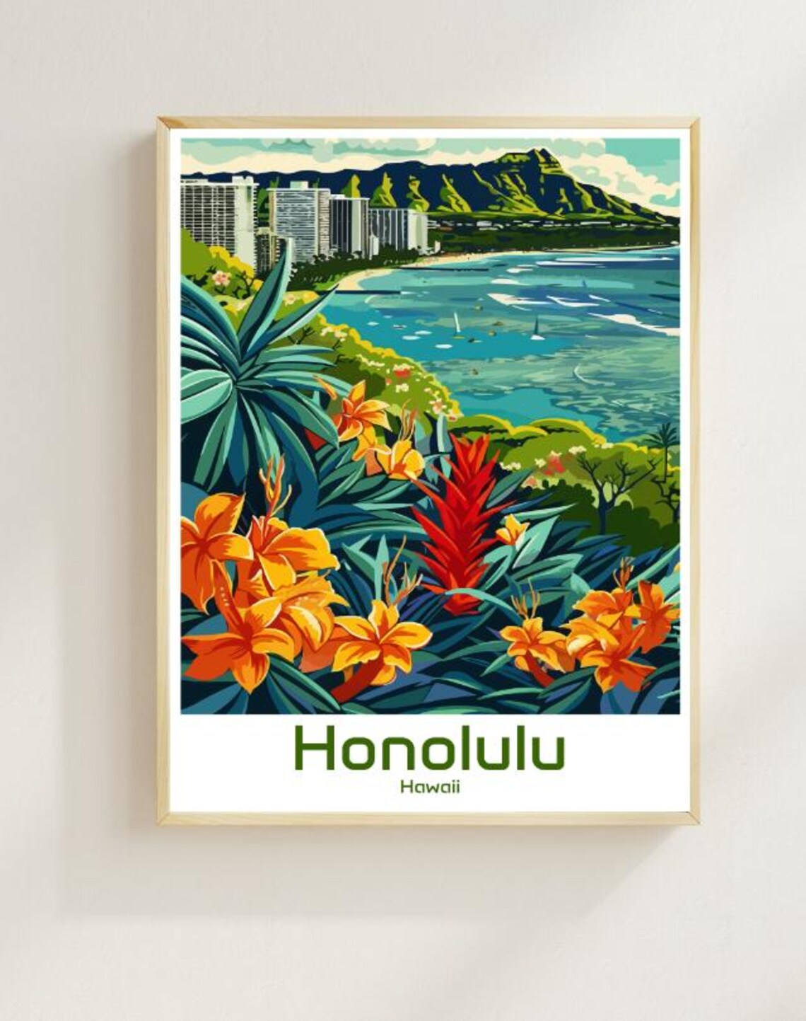 Honolulu Hawaii Waikiki Beach and Diamond Head Travel Poster
