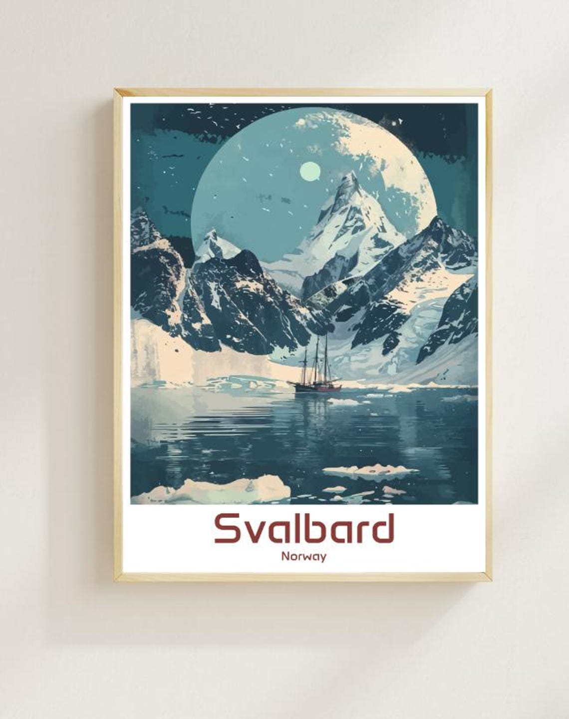 Svalbard Norway Arctic Night Giant Moon Snowy Peaks Ice Poster